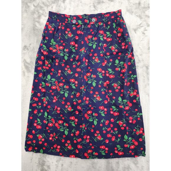 Unbranded Dresses & Skirts - Vintage 60s Cherry Print Pencil Wiggle Skirt Size M Blue Red Lined Pinup Office
